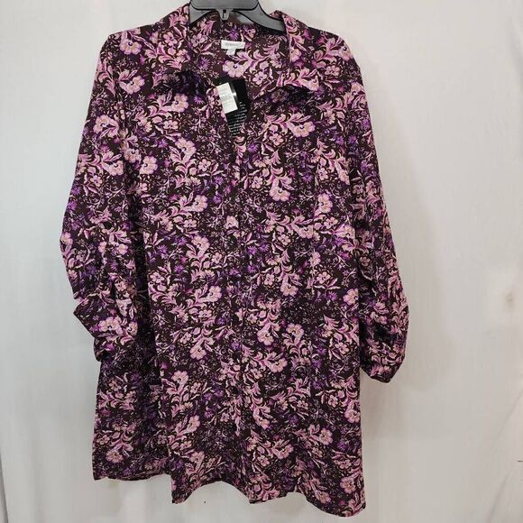 Avenue Womens Size 20 Brown Floral Paisley Potion Button Up Button Sleeve Blouse - Picture 1 of 9